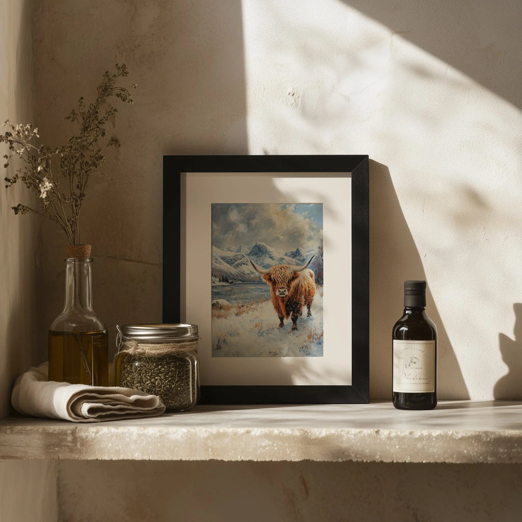 Scottish Highland Cow in Winter Wall Art, Oil Painting of Snowy Meadow and Rugged Mountains, Rustic Farmhouse Animal Print The VelvetPips Lab