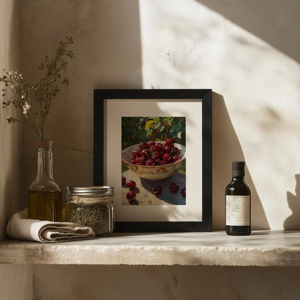 Cherries in Ceramic Bowl Wall Art, Still Life Oil Painting, Rich Crimson Fruit with Sunlit Glossy Skins The VelvetPips Lab