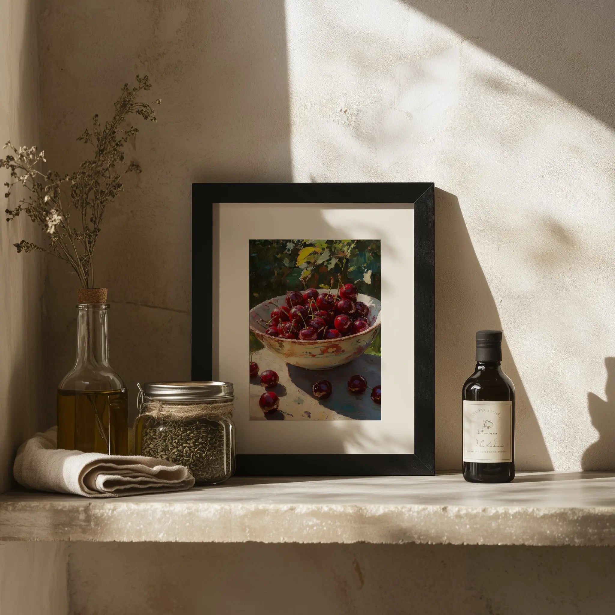 Cherries in Ceramic Bowl Wall Art, Still Life Oil Painting, Rich Crimson Fruit with Sunlit Glossy Skins The VelvetPips Lab