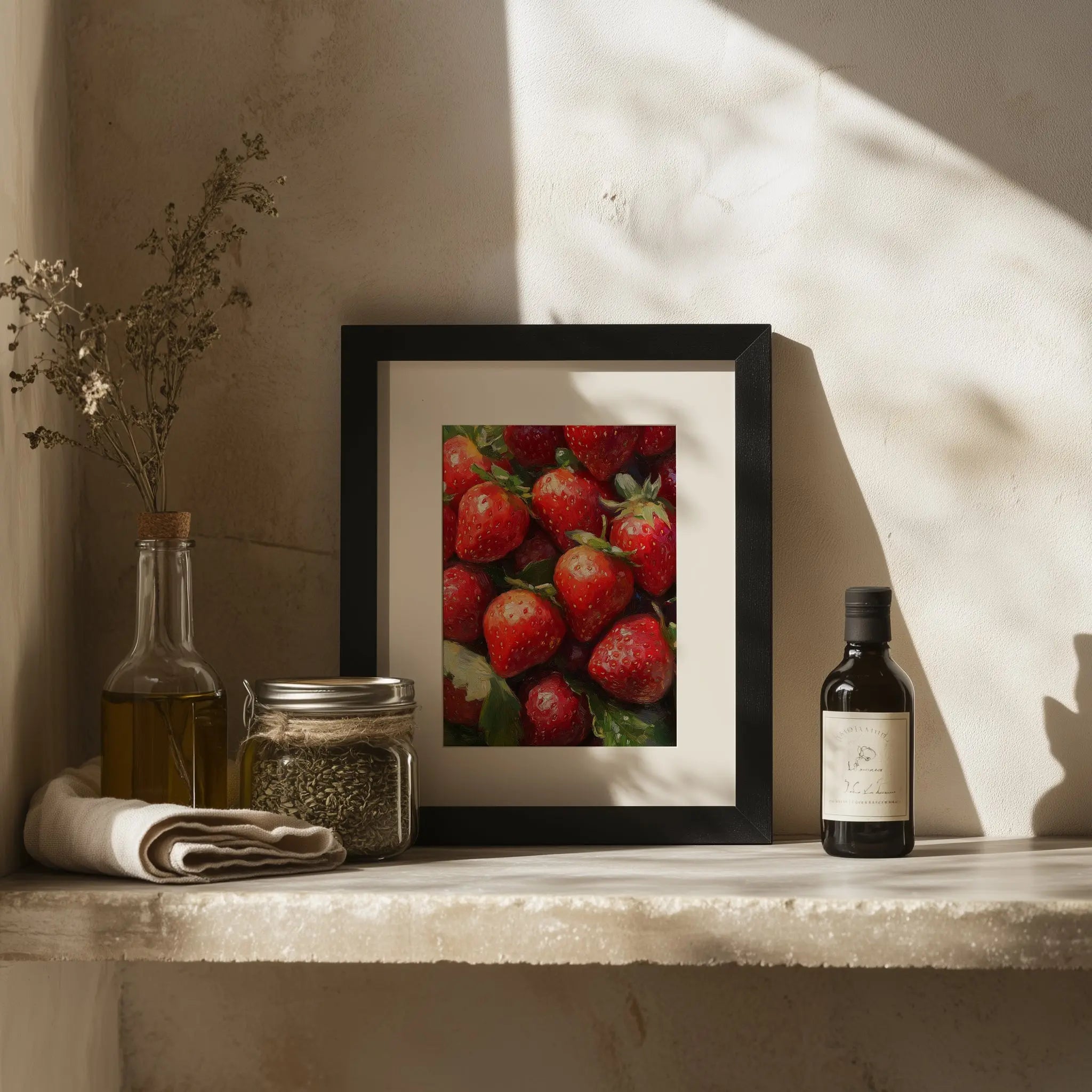 Strawberries Still Life Wall Art, Close-Up Oil Painting of Juicy Red Berries with Summer Light and Lush Shadows The VelvetPips Lab