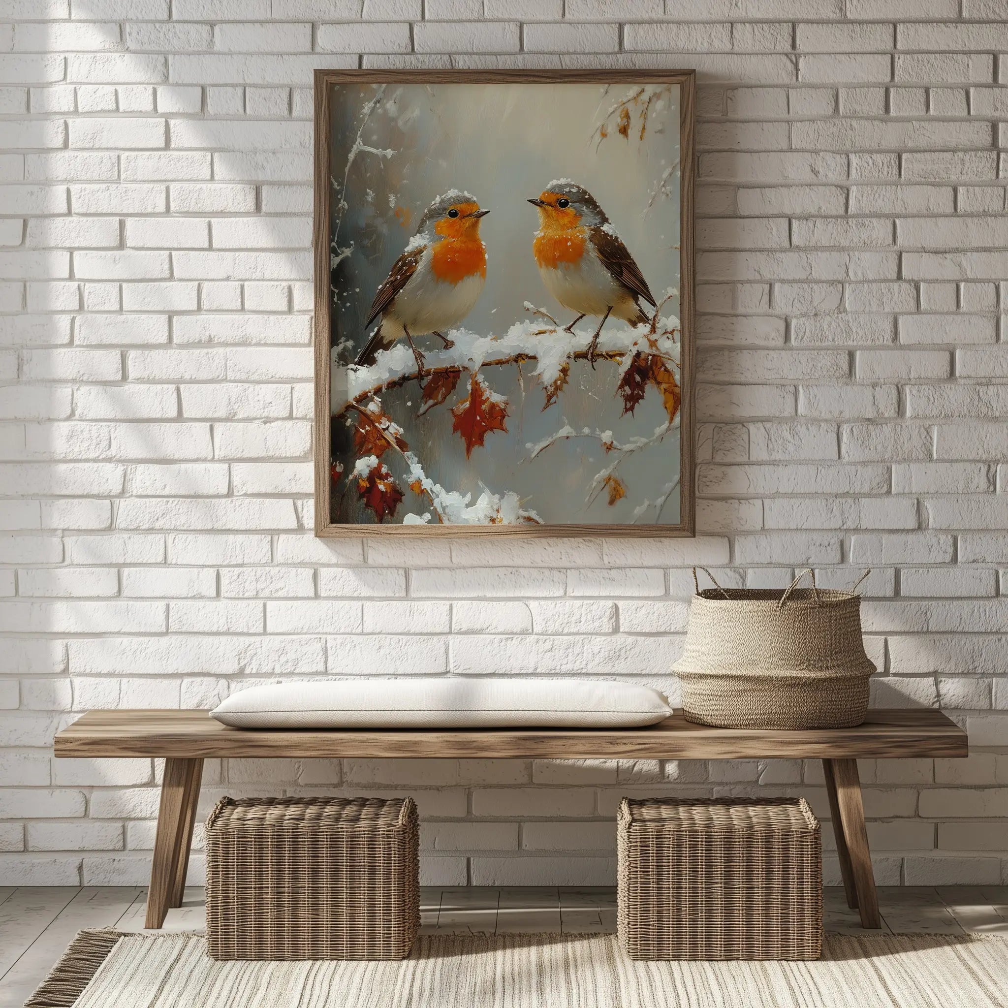Pair of Robins on Frosty Branch Wall Art, Winter Still Life Oil Painting, Snowy Garden Scene with Peaceful Holiday Ambiance The VelvetPips Lab