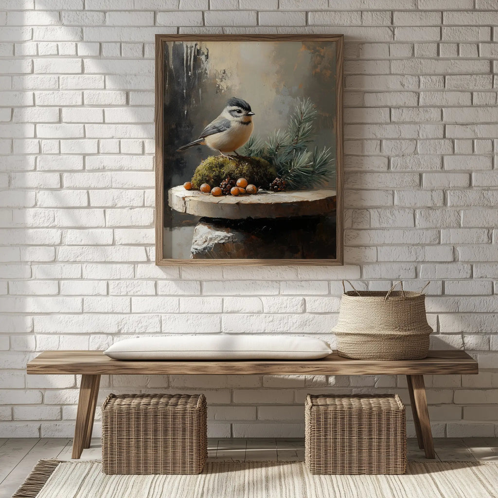 Tufted Titmouse on Mossy Stones Wall Art, Winter Still Life Oil Painting, Sunlit Evergreen Sprigs, Cozy Nature Scene The VelvetPips Lab