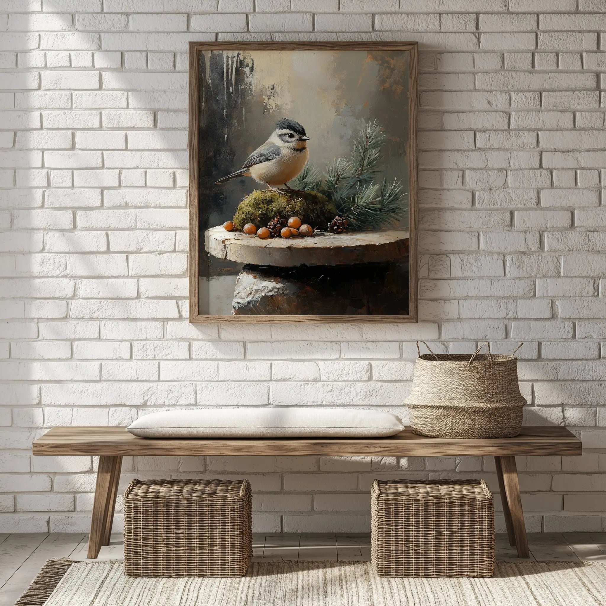 Tufted Titmouse on Mossy Stones Wall Art, Winter Still Life Oil Painting, Sunlit Evergreen Sprigs, Cozy Nature Scene The VelvetPips Lab