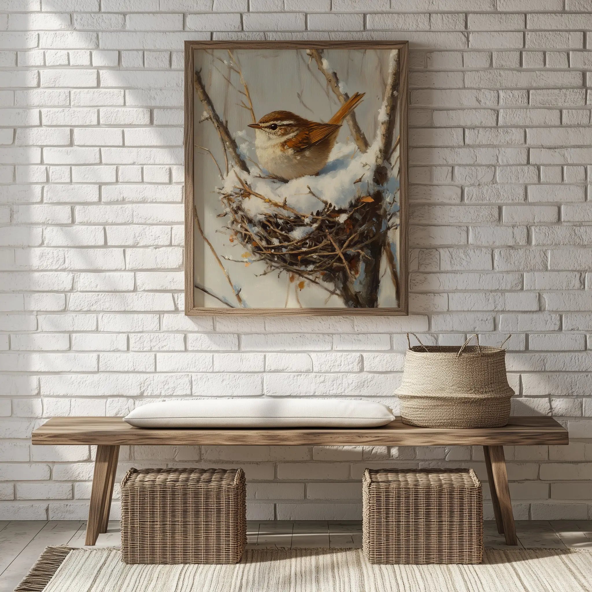 Winter Wren in Snow-Filled Nest Wall Art, Still Life Oil Painting, Peaceful Bird Scene in Bare Winter Tree The VelvetPips Lab