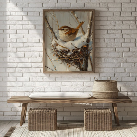 Winter Wren in Snow-Filled Nest Wall Art, Still Life Oil Painting, Peaceful Bird Scene in Bare Winter Tree The VelvetPips Lab