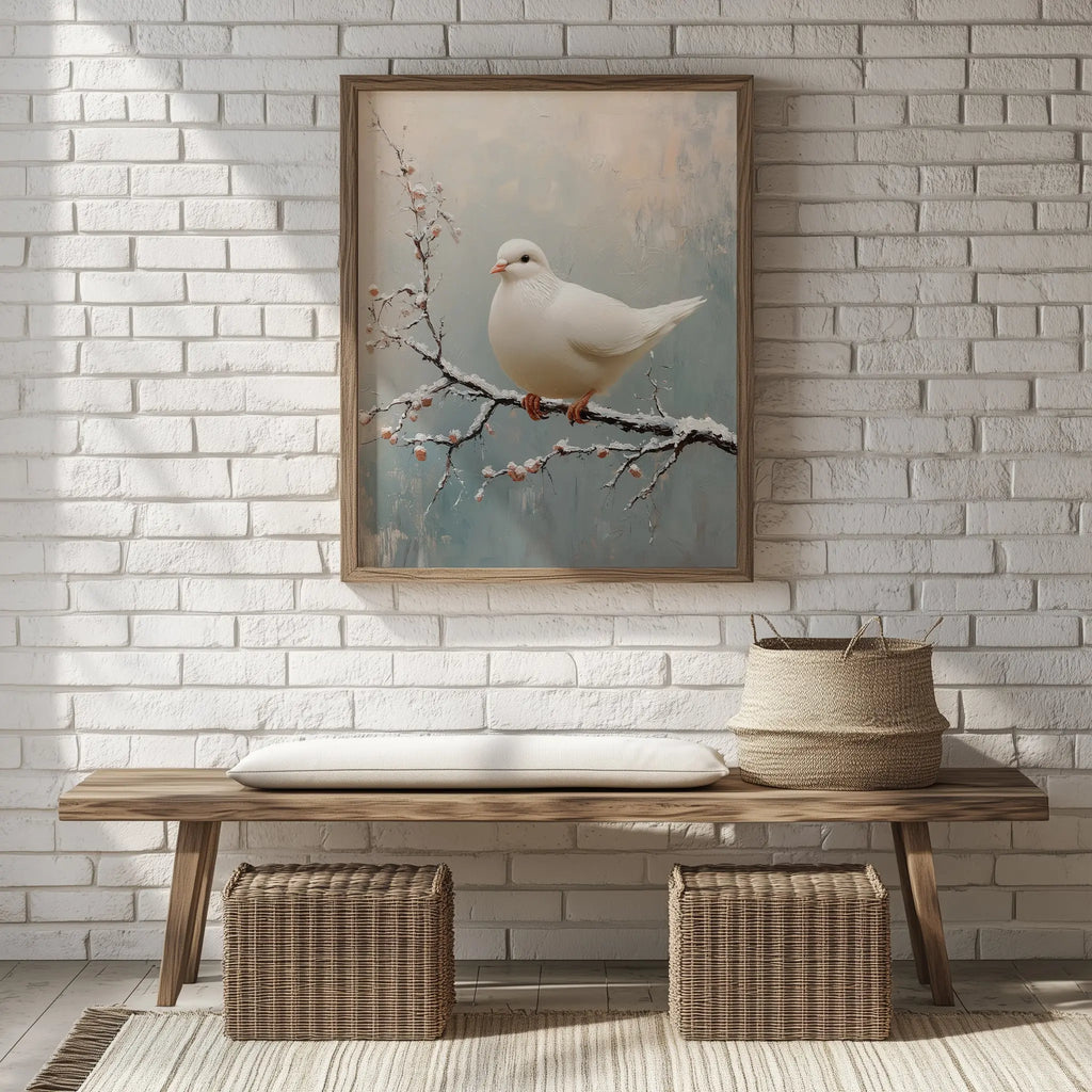 White Dove on Frosty Branch Wall Art, Minimalist Winter Oil Painting, Peaceful Bird Scene with Delicate Brush Texture The VelvetPips Lab