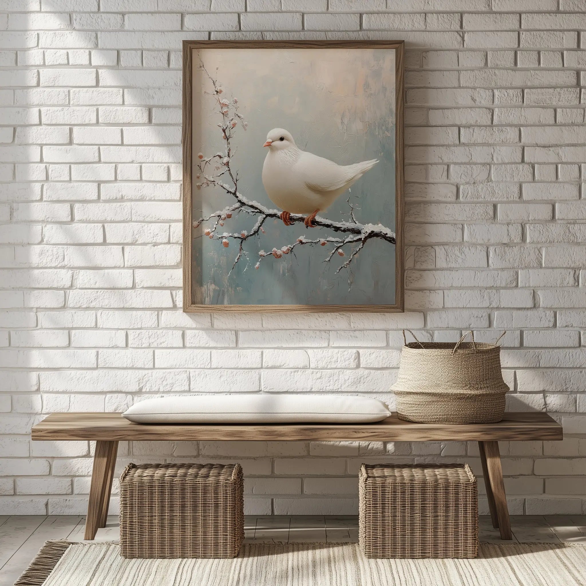 White Dove on Frosty Branch Wall Art, Minimalist Winter Oil Painting, Peaceful Bird Scene with Delicate Brush Texture The VelvetPips Lab