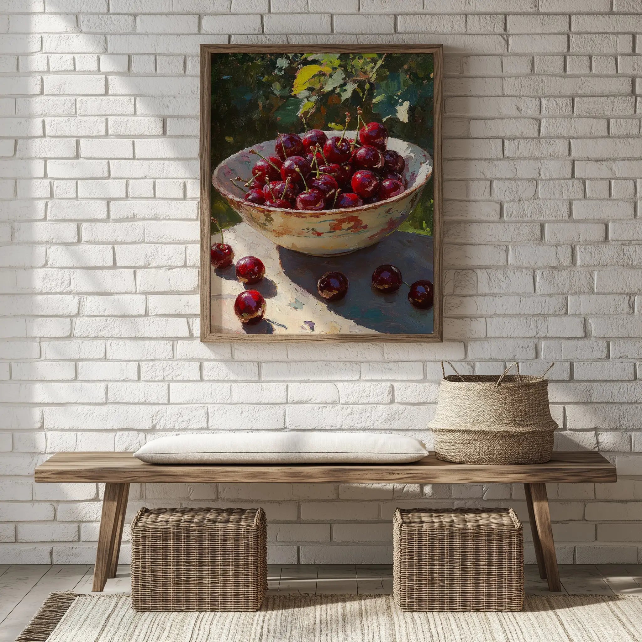 Cherries in Ceramic Bowl Wall Art, Still Life Oil Painting, Rich Crimson Fruit with Sunlit Glossy Skins The VelvetPips Lab