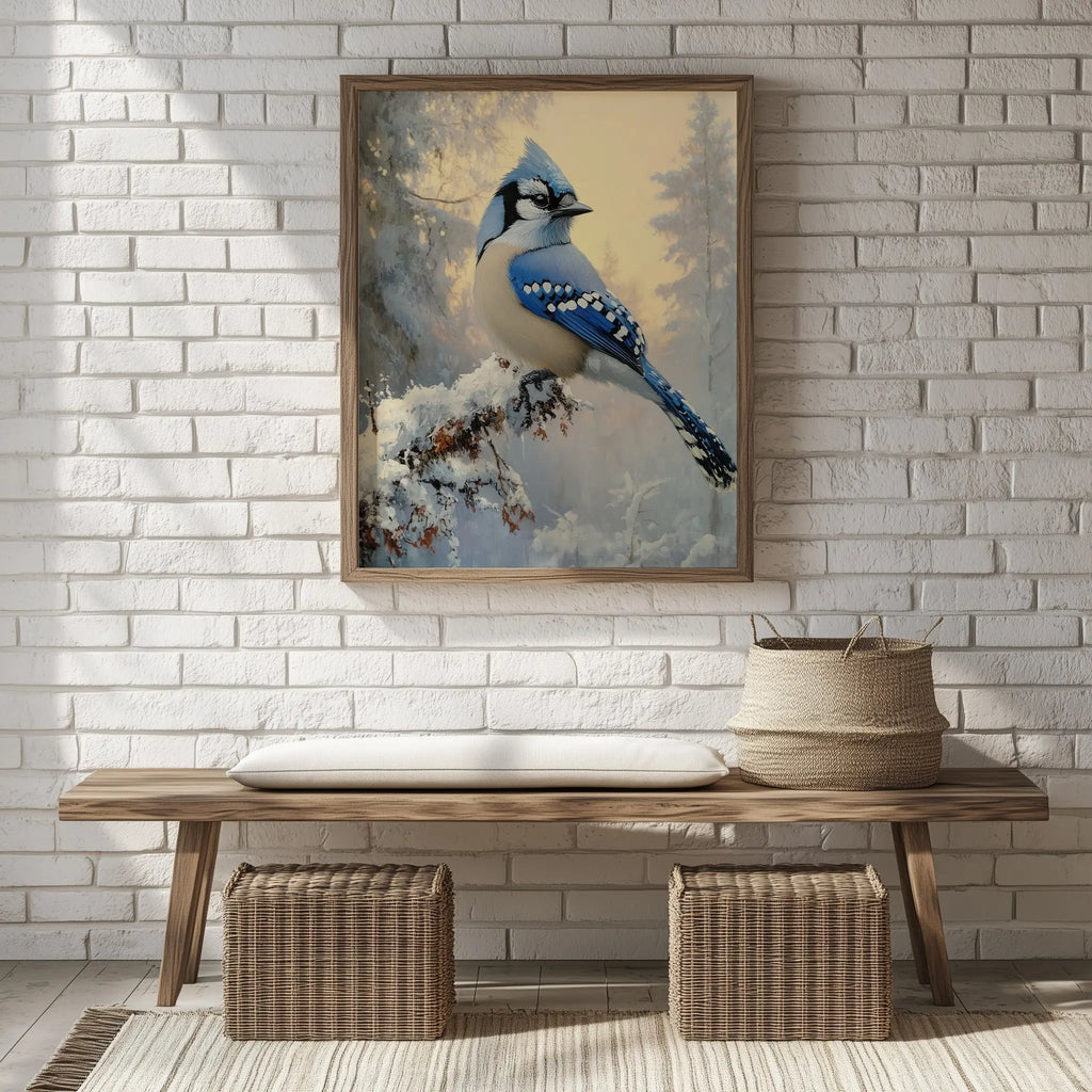 Blue Jay on Frosted Branch Wall Art, Winter Still Life Oil Painting, Snowy Trees and Morning Sky, Cozy Nature Scene The VelvetPips Lab