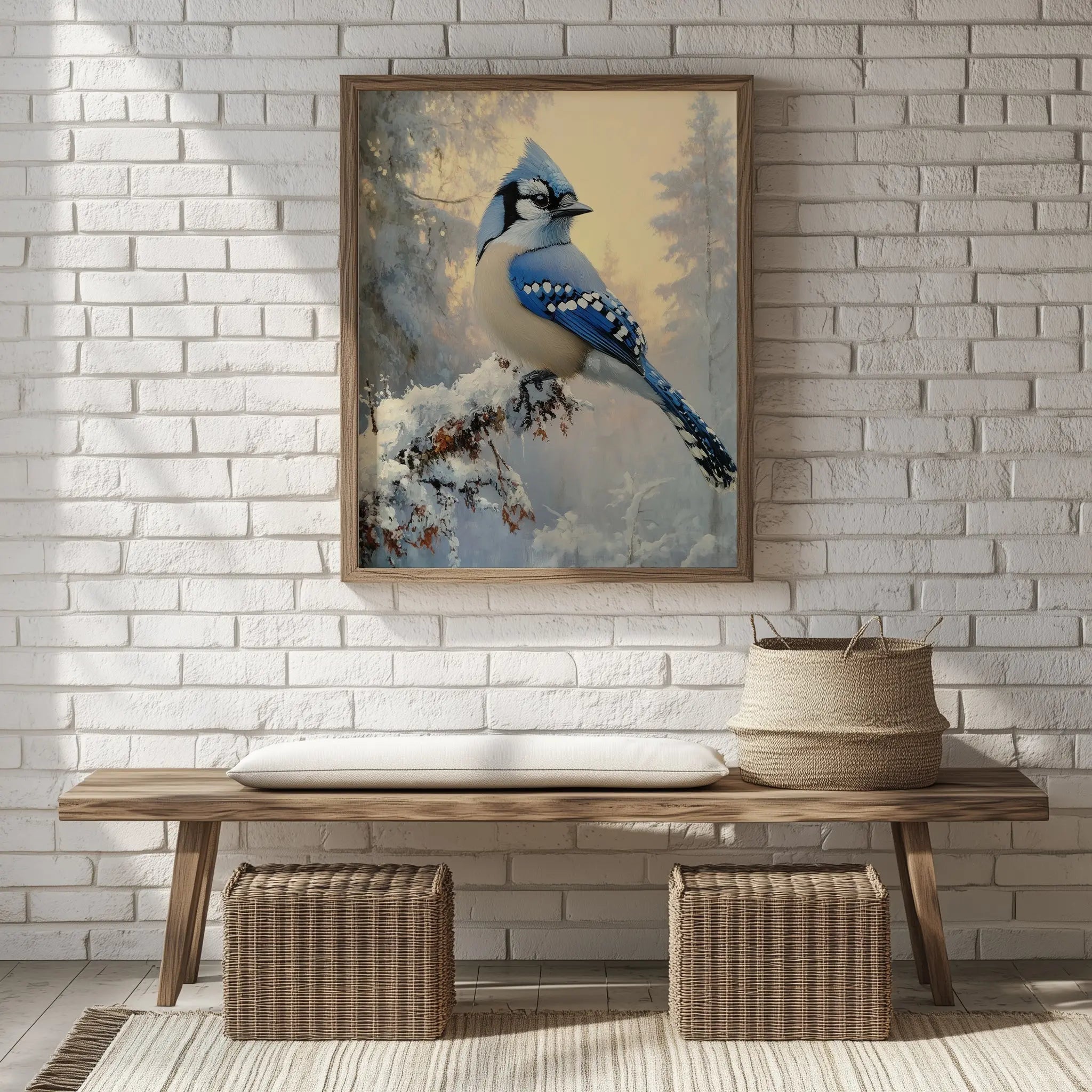 Blue Jay on Frosted Branch Wall Art, Winter Still Life Oil Painting, Snowy Trees and Morning Sky, Cozy Nature Scene The VelvetPips Lab
