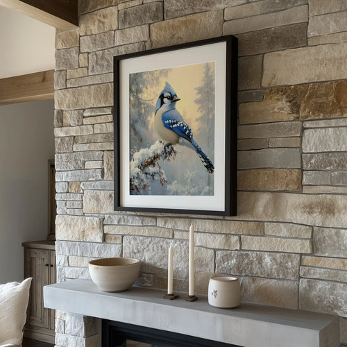 Blue Jay on Frosted Branch Wall Art, Winter Still Life Oil Painting, Snowy Trees and Morning Sky, Cozy Nature Scene The VelvetPips Lab