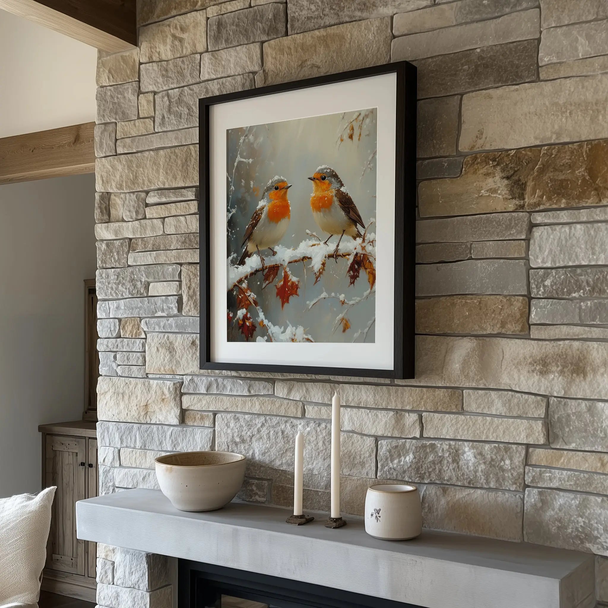 Pair of Robins on Frosty Branch Wall Art, Winter Still Life Oil Painting, Snowy Garden Scene with Peaceful Holiday Ambiance The VelvetPips Lab