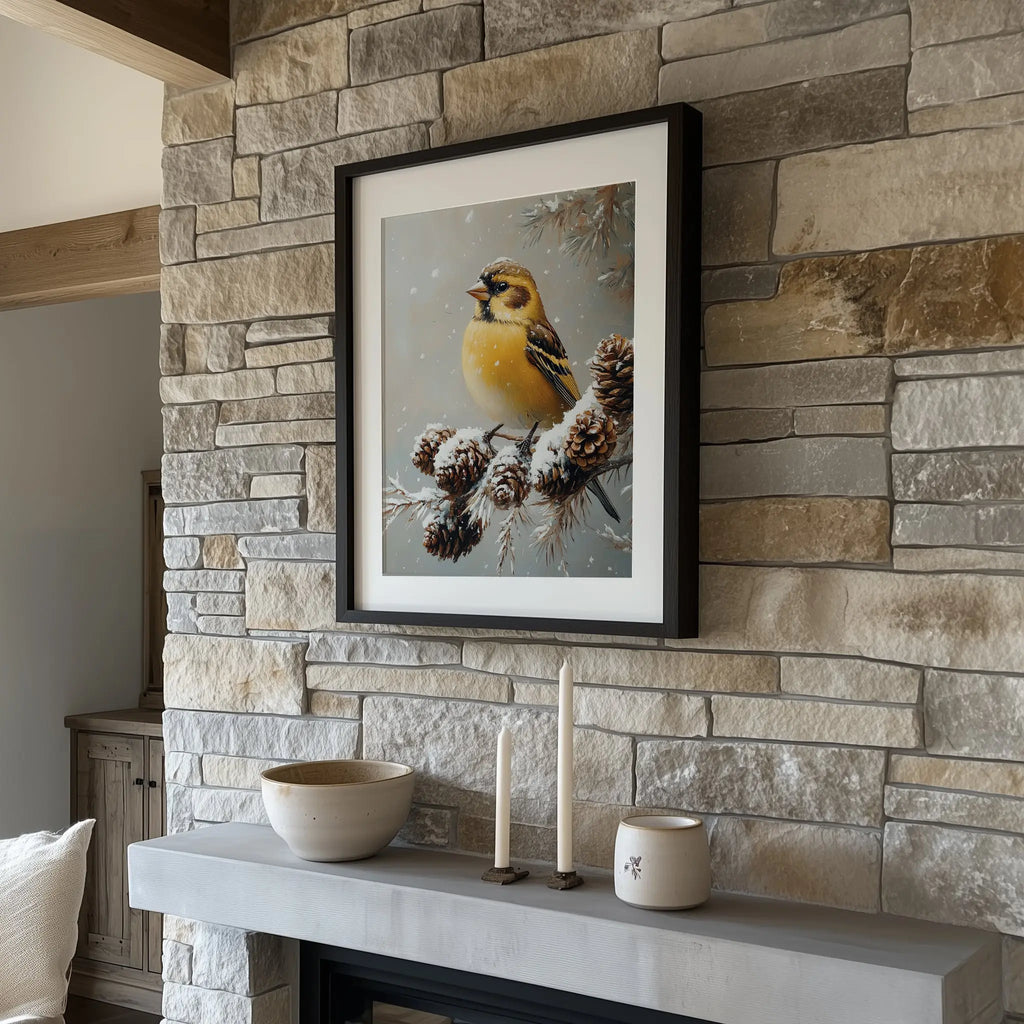 Golden Finch on Frosted Pinecone Branch Wall Art, Winter Still Life Oil Painting, Snowy Nature Scene in Classic Composition The VelvetPips Lab