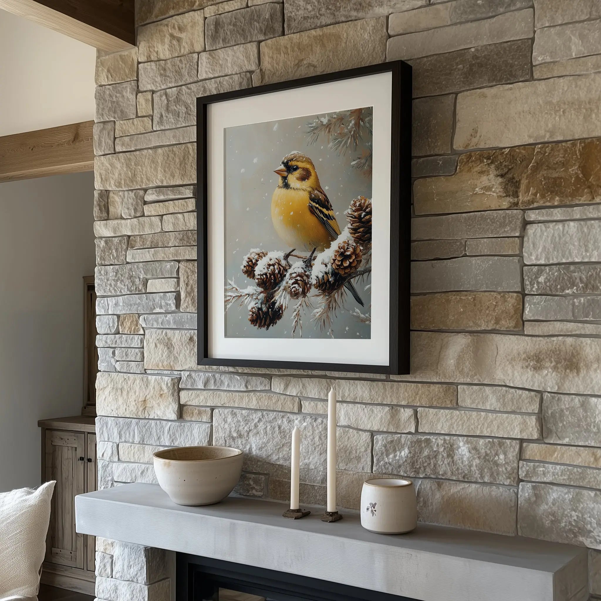 Golden Finch on Frosted Pinecone Branch Wall Art, Winter Still Life Oil Painting, Snowy Nature Scene in Classic Composition The VelvetPips Lab