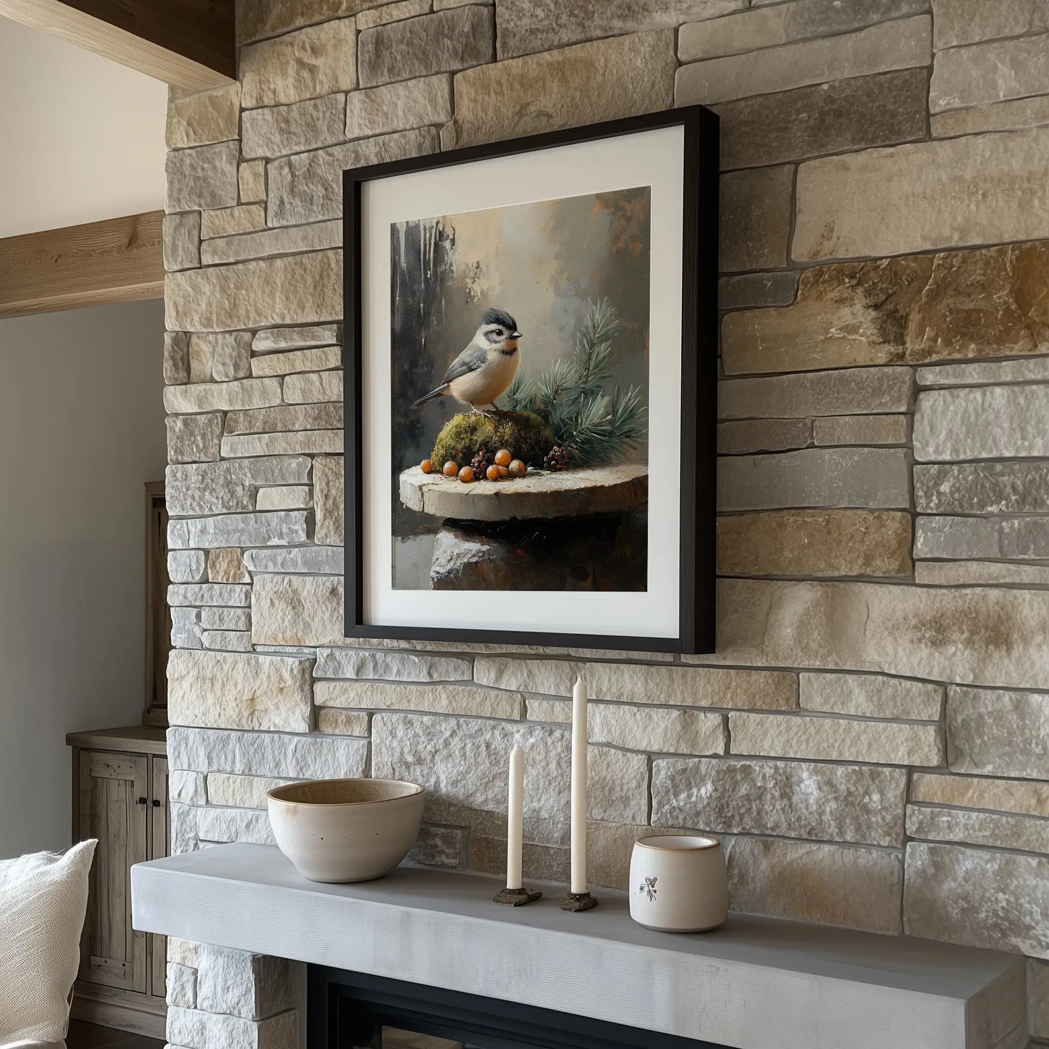 Tufted Titmouse on Mossy Stones Wall Art, Winter Still Life Oil Painting, Sunlit Evergreen Sprigs, Cozy Nature Scene The VelvetPips Lab