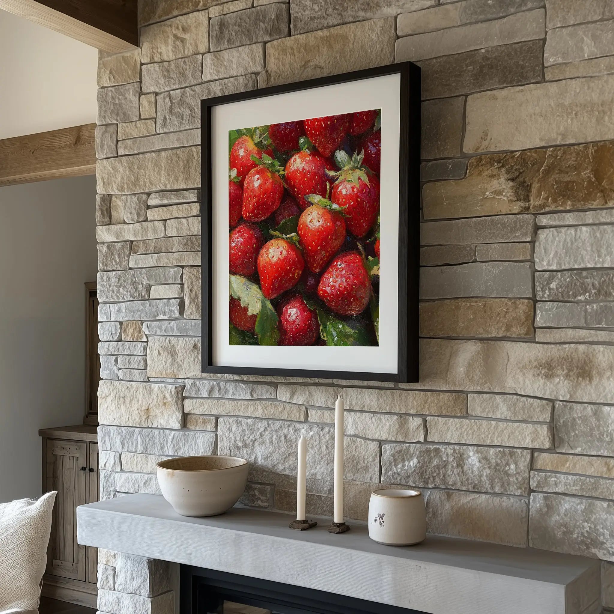 Strawberries Still Life Wall Art, Close-Up Oil Painting of Juicy Red Berries with Summer Light and Lush Shadows The VelvetPips Lab