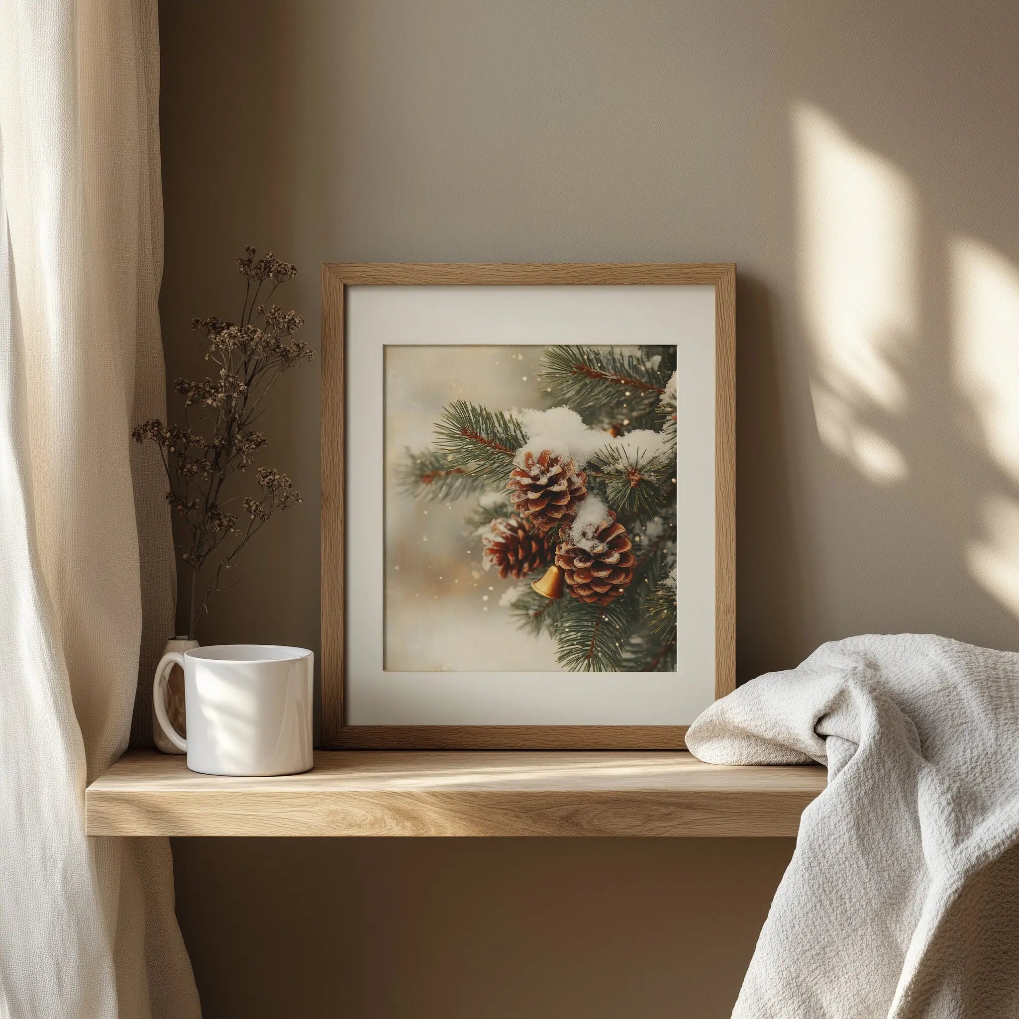 Fir Branch with Snow and Pinecones Christmas Wall Art, Vintage Holiday Oil Painting, Golden Bells and Red Ribbon, Cozy Festive Scene The VelvetPips Lab