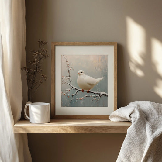 White Dove on Frosty Branch Wall Art, Minimalist Winter Oil Painting, Peaceful Bird Scene with Delicate Brush Texture The VelvetPips Lab