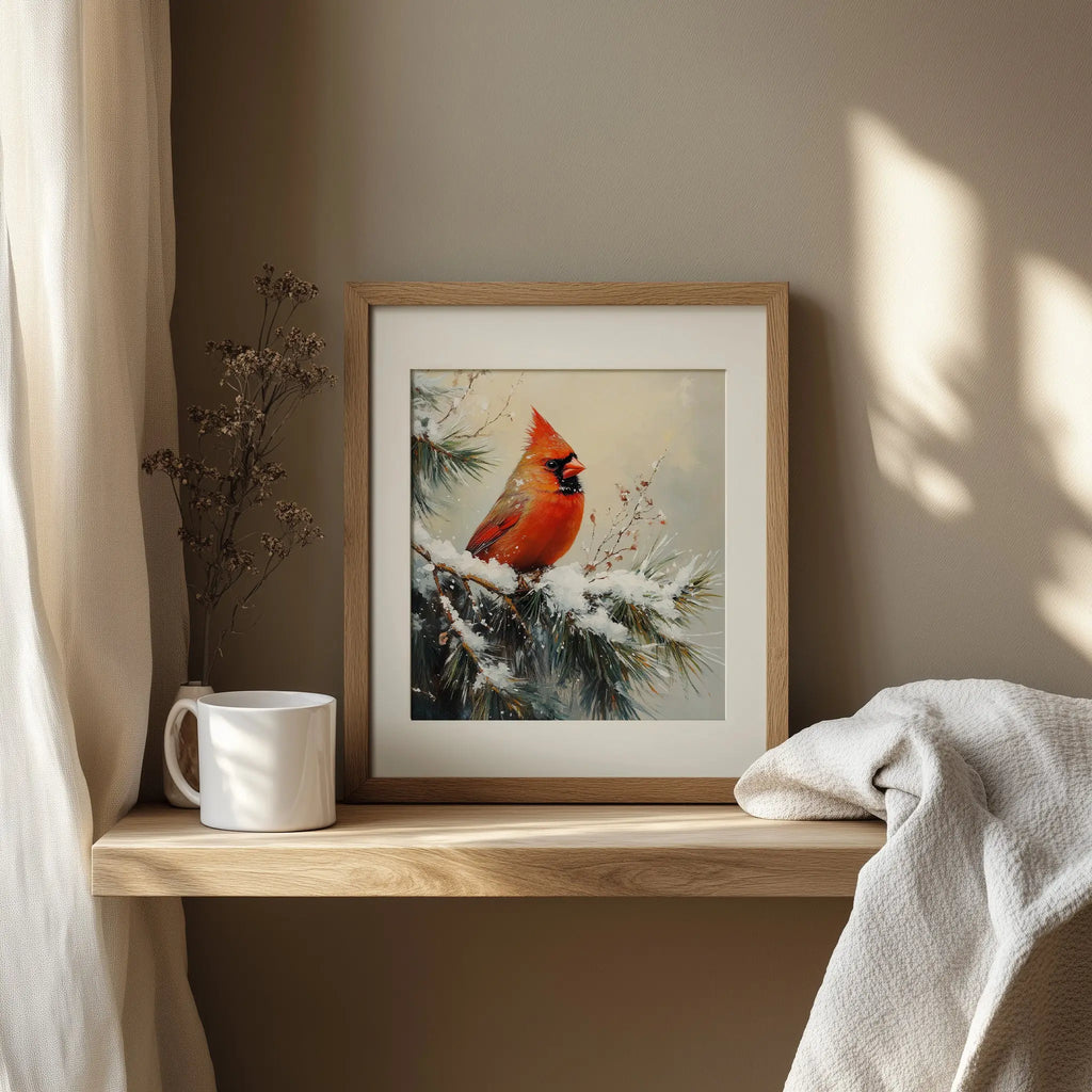 Cardinal on Snowy Pine Branch Wall Art, Winter Still Life Oil Painting, Vibrant Red Bird in Serene Forest Scene The VelvetPips Lab
