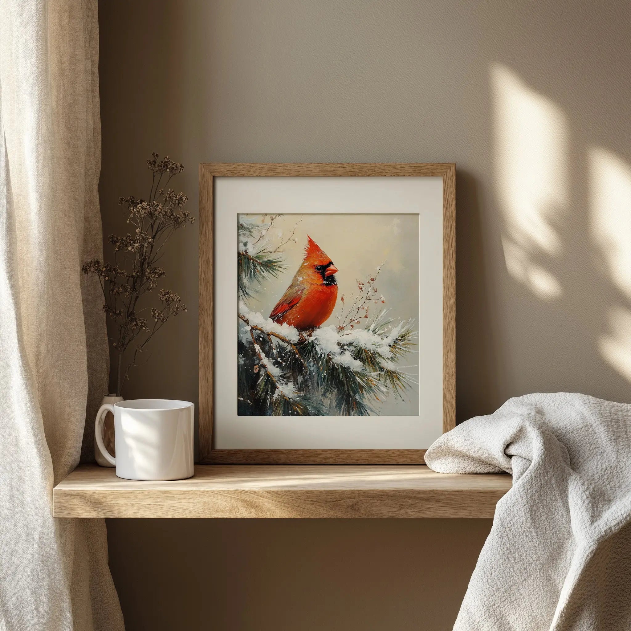 Cardinal on Snowy Pine Branch Wall Art, Winter Still Life Oil Painting, Vibrant Red Bird in Serene Forest Scene The VelvetPips Lab