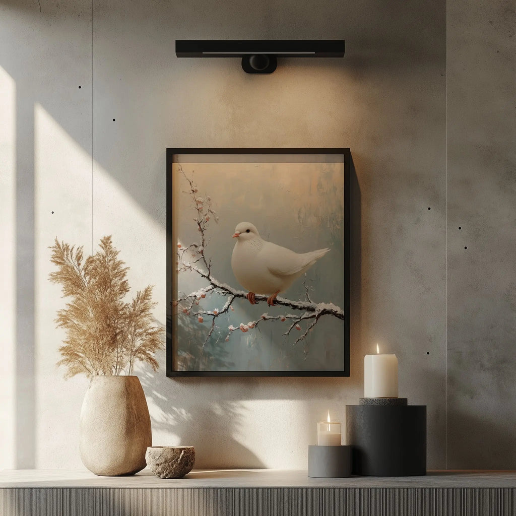 White Dove on Frosty Branch Wall Art, Minimalist Winter Oil Painting, Peaceful Bird Scene with Delicate Brush Texture The VelvetPips Lab