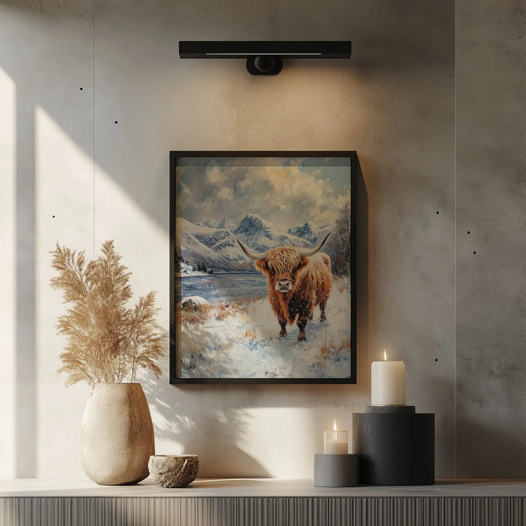 Scottish Highland Cow in Winter Wall Art, Oil Painting of Snowy Meadow and Rugged Mountains, Rustic Farmhouse Animal Print The VelvetPips Lab