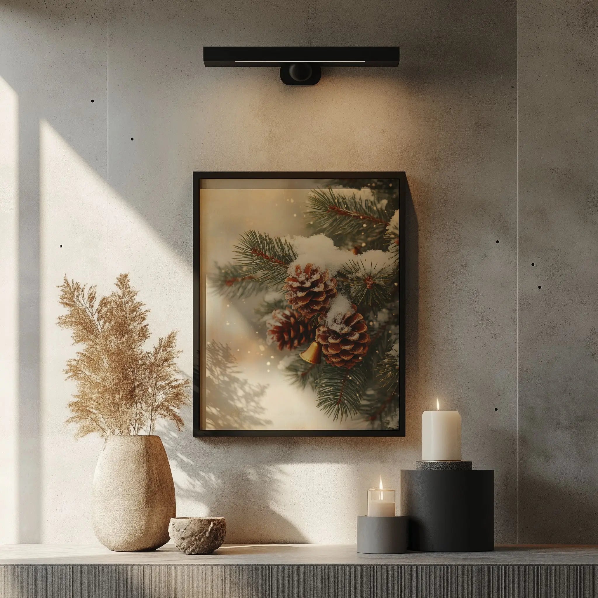 Fir Branch with Snow and Pinecones Christmas Wall Art, Vintage Holiday Oil Painting, Golden Bells and Red Ribbon, Cozy Festive Scene The VelvetPips Lab