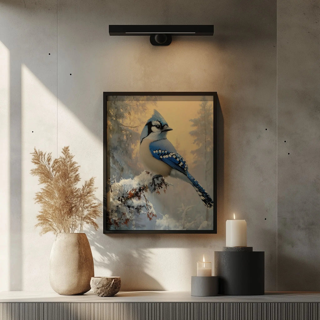Blue Jay on Frosted Branch Wall Art, Winter Still Life Oil Painting, Snowy Trees and Morning Sky, Cozy Nature Scene The VelvetPips Lab