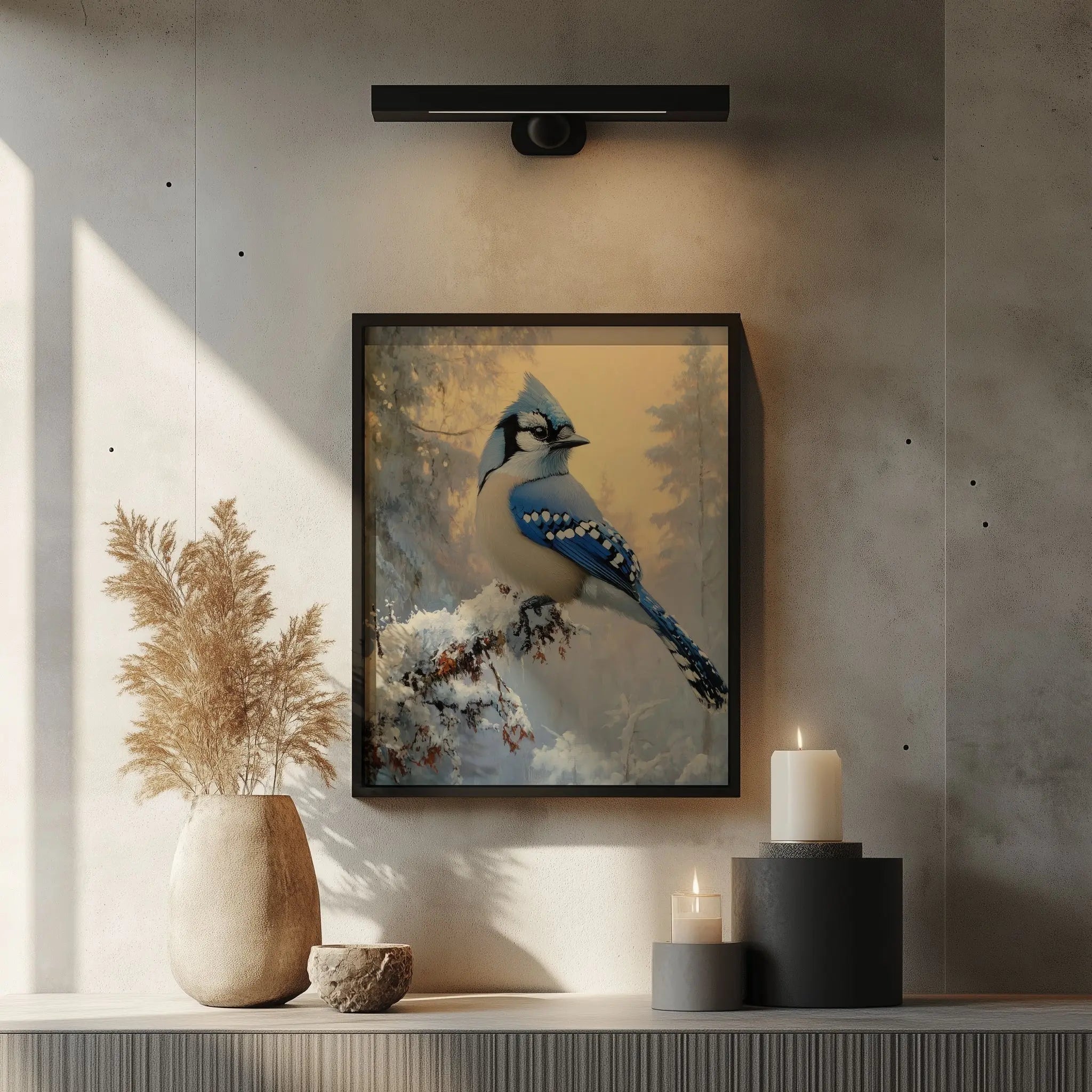 Blue Jay on Frosted Branch Wall Art, Winter Still Life Oil Painting, Snowy Trees and Morning Sky, Cozy Nature Scene The VelvetPips Lab
